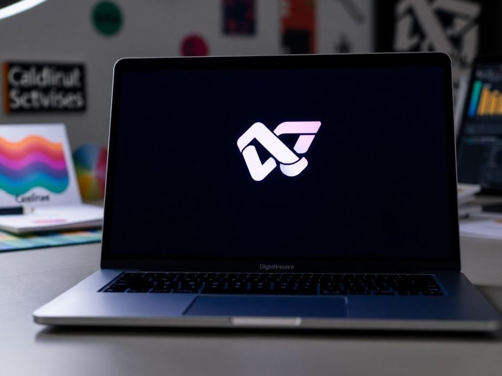 Laptop cu logo și o paletă de culori vibrante