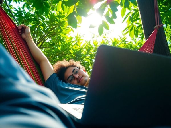 Persoană relaxându-se în hamac, laptop deschis.