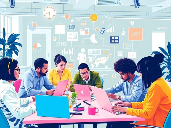 Colaborare în marketing digital, echipă diversificată la birou.